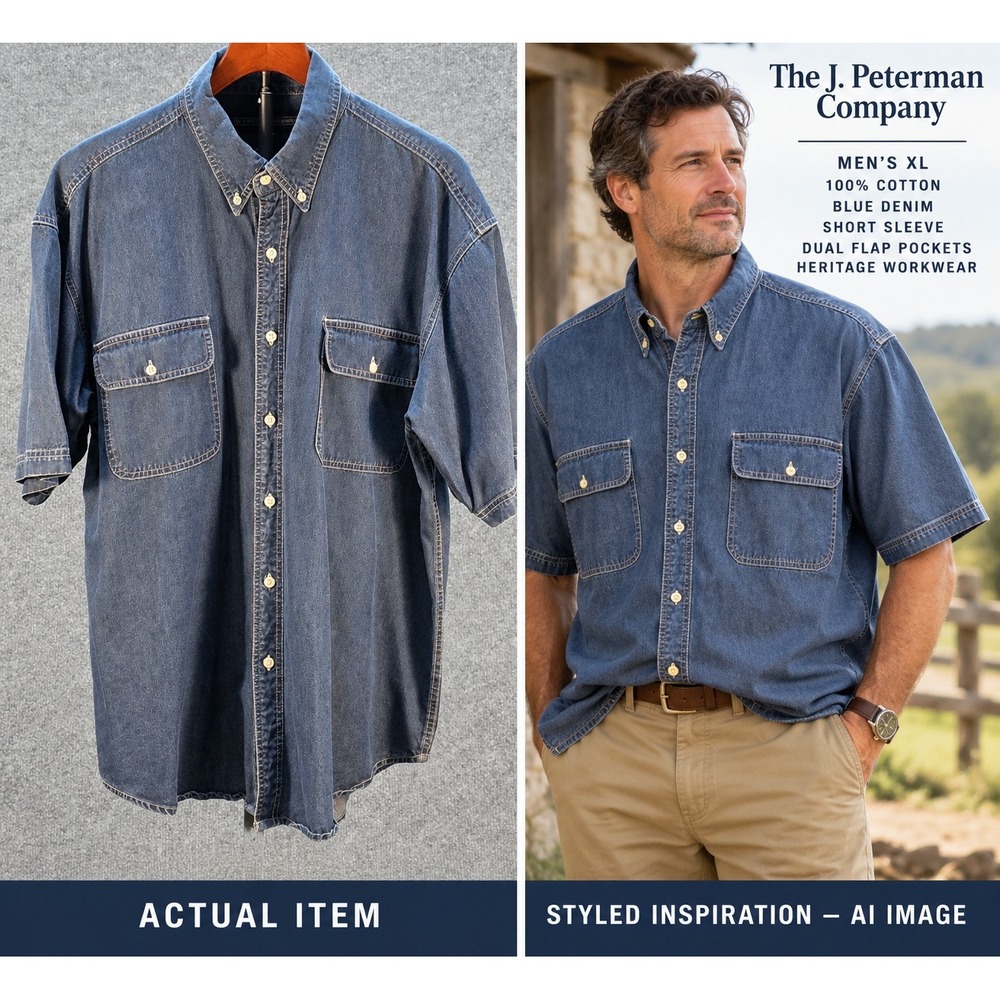 The J. Peterman Co Denim Shirt Mens XL Short Sleeve Workwear Blue XL Excellent